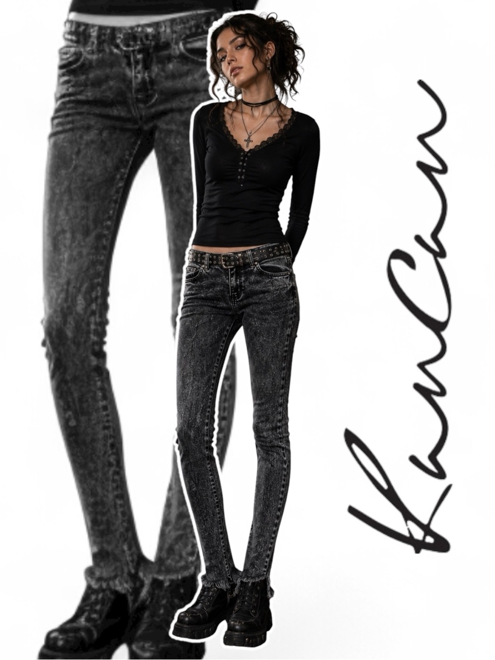 KanCan Women's Skinny Acid-Wash Black Grey Jeans